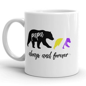 Op de afbeelding: Een witte keramische mok met een zwart silhouet van een beer met het woord "papa" erop. De beer loopt naar een kleinere beer-silhouet in geel en paars. De tekst "always and forever" staat onder de beren.