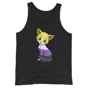 May include: Black tank top with a cartoon fox wearing yellow, purple, and white colors. The fox is sitting and looking to the left.