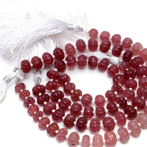 Pink Strawberry Quartz Carving Gemstone Beads, 8-10mm, Natural Strawberry Quartz Watermelon Rondelle Shape Beads, 8&quot; Strand Jewelry Making