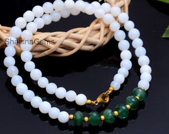 Collar de aventurina verde, collar de cuentas de cristal de aventurina, collar de cuentas verdes, collar de ópalo blanco, collar de piedras preciosas de aventurina