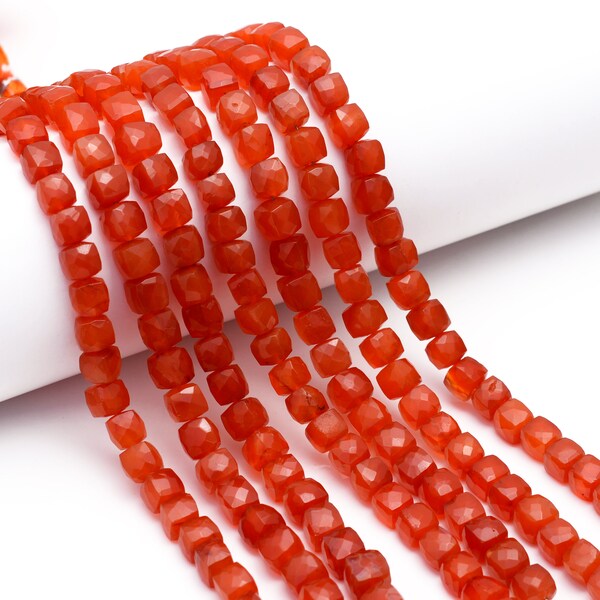 1 Strand Carnelian Cube Beads, Carnelian Box Shape Faceted Beads, 8 Inches, 7mm to 9mm Gemstone Briolettes, Carnelian Gemstone Beads, AAA+
