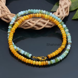 Hand Knotted Yellow Opal Necklace, Peruvian Blue Opal Opal Beads Necklace, Opal Candy Necklace