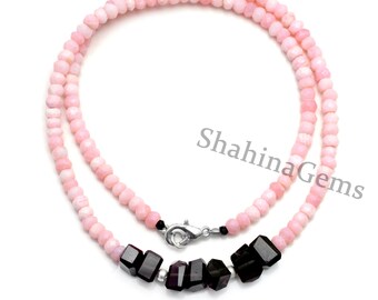 Pink Opal, Smoky Quartz, Peruvian Opal Necklace Dainty Gemstone Jewelry, July Birthstone Beaded Gemstone Necklace, Opal Necklace For Her
