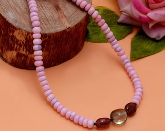 Pink Peruvian Opal Beaded Necklace, 5mm to 7mm Pink Opal Smooth Rondelle Beads Necklace, Opal Gemstone Necklace, Silver 18 Inches Necklace