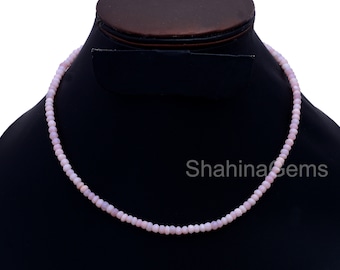 Pink Peruvian Opal Beaded Necklace, 4mm-5mm Pink Opal Faceted Rondelle Beads Necklace,Opal Knotted Necklace, Silver 16-17-18 Inches Necklace