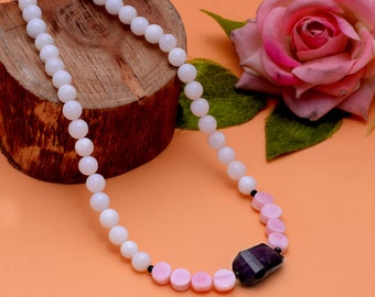 Beautiful Pink & White opal Gemstone Round Beads Necklace, 5mm-7mm Pink White Semi Precious Handmade Gemstone necklace jewelry Gift