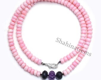 Pink Peruvian Opal Beaded Necklace, 5mm to 7mm Pink Opal Smooth Rondelle Beads Necklace, Opal Gemstone Necklace, Wholesale Necklace