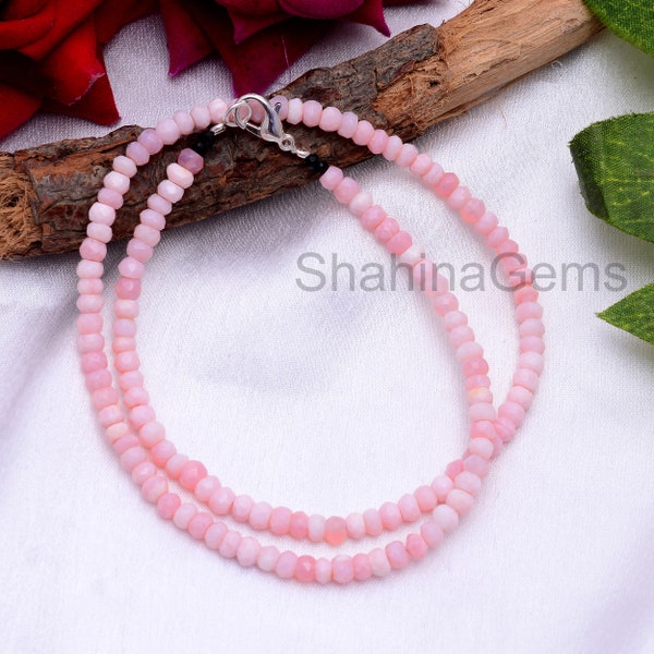 Collier de perles d'opale péruvienne rose, collier de perles rondelles facettées d'opale rose de 4 mm à 5 mm, collier de pierres précieuses d'opale, bijoux d'opale rose