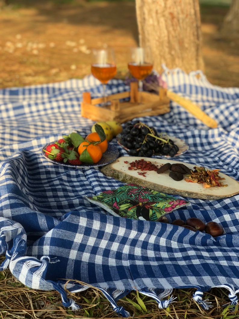 Linen Gingham Picnic Blanket Beach Blanket Gingham Etsy