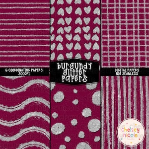 Carta digitale glitter bordeaux e argento, PNG, carta per scrapbooking, sfondo digitale, confezione da 6