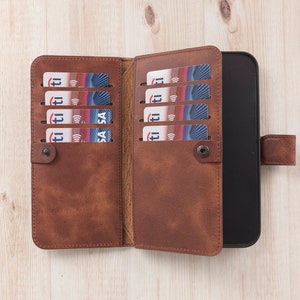 Gepersonaliseerde leren dubbele portemonnee-hoes voor iPhone. iPhone 16, 15, 14, 13, 12, 11, 11 Pro, X, XR, 8, 7, hoesje Afneembare magnetische kaarthouder