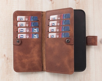 Top Grain Leather iPhone Double Wallet Case. iPhone 15, 14, 13, 12, 11, 11 Pro, X, XR, 8, 7, 6 Plus Case, Detachable Magnetic Card Holder