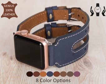 Blue Leather Apple Watch Band, Apple Strap Galaxy Fitbit, Fossil Pixel iWatch band Personalized Double Watch Band 38 40 41 42 44 45 49 mm