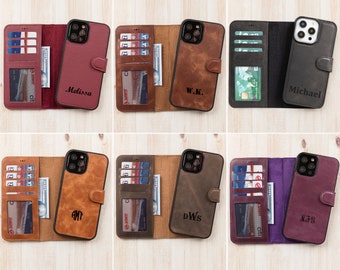 Funda de cuero personalizada para iPhone 15, 14, 13, 12, 11, 11 Pro, X, XS, XR, 8, 7, 6 Plus, funda magnética desmontable, soporte para tarjeta de iPhone, billetera para iPhone