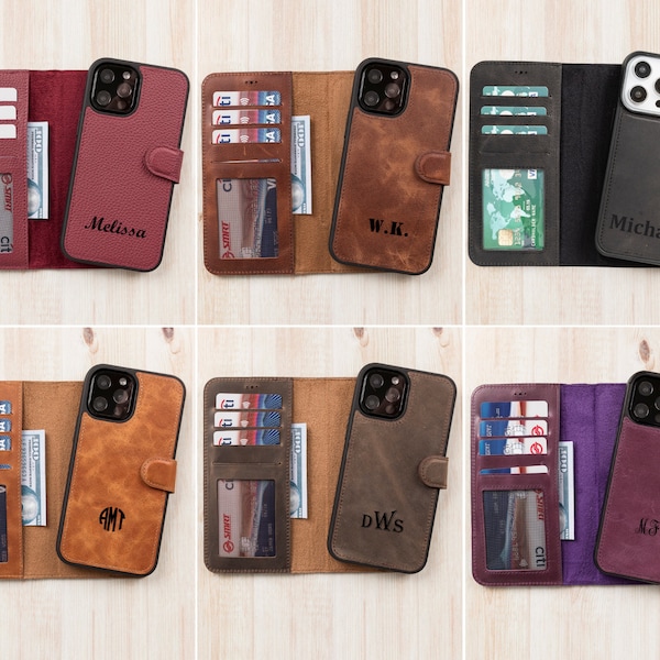 Personnalisée en cuir pour iPhone 15, 14, 13, 12, 11, 11 Pro, X, XS, XR, 8, 7, 6 Plus, coque magnétique amovible, porte-cartes iPhone, portefeuille iPhone