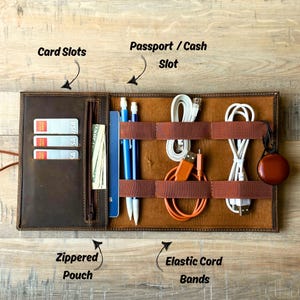 Custom Leather Cable Organizer Bag, Charger Organizer, Cord Organizer, Anniversary Gift Travel Organizer, Personalized Traveler&#39;s Gift