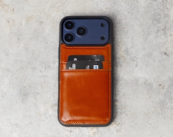 Peut inclure: Une coque de smartphone bleu foncé avec un porte-cartes en cuir marron clair fixé au dos. La poche en cuir contient deux cartes bancaires noires avec du texte blanc visible. La coque présente une découpe pour les objectifs de l'appareil photo.