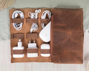 Custom Leather Cable Organizer Bag, Cable and Charger Organizer, Travel Cable Organizer, Leather Cord Holder, Handmade Travel Organizer