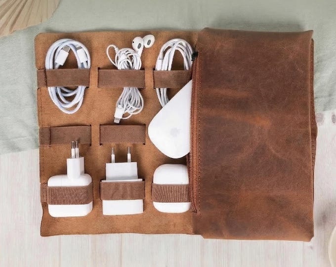 Custom Leather Cable Organizer Bag, Cable and Charger Organizer, Travel Cable Organizer, Leather Cord Holder, Handmade Travel Organizer