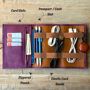 Custom Leather Cable Organizer Bag, Charger Organizer, Cord Organizer, Anniversary Gift Travel Organizer, Personalized Traveler&#39;s Gift