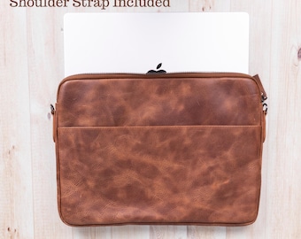 Custom Leather Laptop Case With Shoulder Strap, Personalized Laptop Cover, Custom Engraved Case, MacBook Sleeve, Laptop Bag, iPad Sleeve