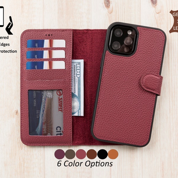 Leather iPhone Case for iPhone 15, 14, 13, 12, 11, 11 Pro, X, XS, XR, 8, 7, 6 Plus, Carmine Detachable Magnetic Case, iPhone Card Holder