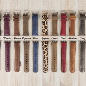Personalized leather apple, Samsung galaxy, google pixel watch bands, Color Options: Black, Blue, Brown, Camel, Espresso, Gray, Leopard, Mustard, Purple, Red, Russet,