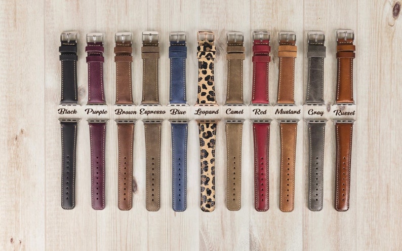 Personalized leather apple, Samsung galaxy, google pixel watch bands, Color Options: Black, Blue, Brown, Camel, Espresso, Gray, Leopard, Mustard, Purple, Red, Russet,