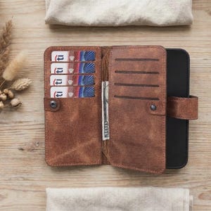 Leather iPhone Double Wallet Case, iPhone 17, 17E, 16, 15, 14, 13, 12, SE Case, Detachable Magnetic Card Holder