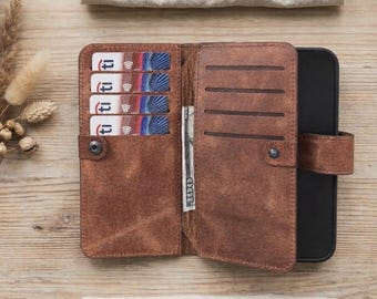 Funda tipo cartera doble de piel para iPhone, compatible con iPhone 17, 17E, 16, 15, 14, 13, 12 y SE, con tarjetero magnético desmontable.