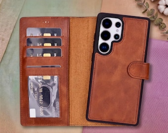 Custom Leather Wallet Case for S26, S25, S24, S23, S22, S21, S20, Note 20, Detachable Magnetic Case, Card Holder
