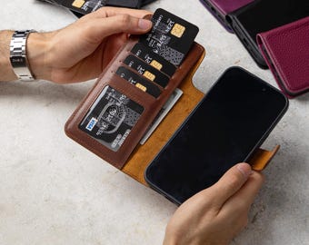 Leather iPhone 17, 17E, 16, 15, 14, 13, 12, SE Case, Detachable Magnetic Case, iPhone Card Holder, iPhone Wallet