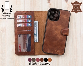 Brown Leather iPhone 15, 14, 13, 12, 11, 11 Pro, X, XS, XR, 8, 7, 6 Plus Case, Detachable Magnetic Case iPhone Card Holder iPhone Wallet