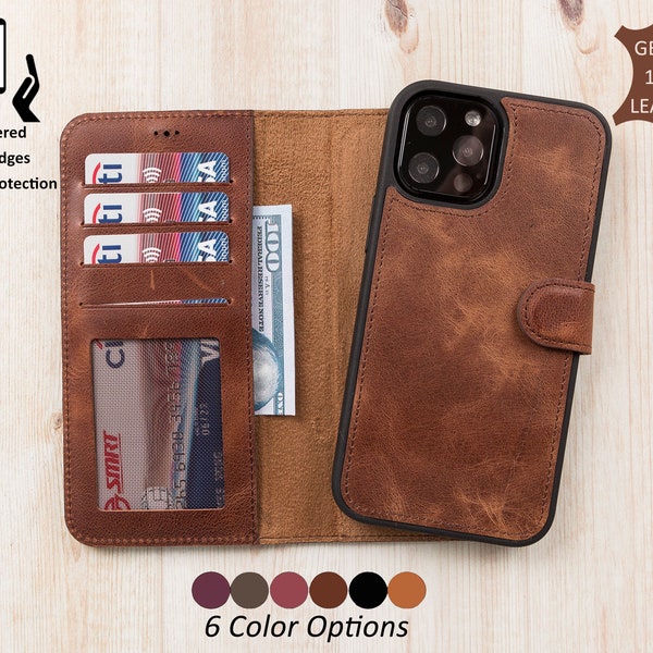 Brown Leather iPhone 15, 14, 13, 12, 11, 11 Pro, X, XS, XR, 8, 7, 6 Plus Case, Detachable Magnetic Case iPhone Card Holder iPhone Wallet