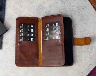 Handcrafted Top Grain Leather Double Wallet Case, iPhone Duo, 18, 17, 16, 15, 14, 13, Personalized Card Holder, Detachable Magnetic Case