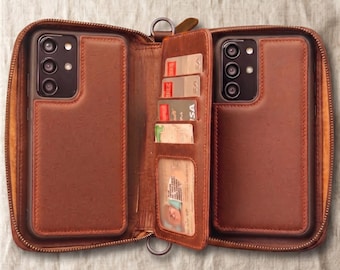 Genuine Leather Pouch Wallet Phone Case for S26, S25, S24, S23, Zippered Leather Wallet Case, 2 Phone Case, Leather 2 Phone Pouch