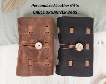 Custom Leather Cable Organizer Bag, Cable and Charger Organizer, Travel Cable Organizer, Leather Cord Holder, Handmade Travel Organizer
