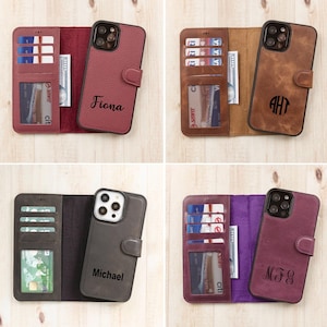 Personalisierte Ledertasche für iPhone 16, 15, 14, 13, 12, 11, 11 Pro, X, XS, XR, 8, 7 Plus, abnehmbare magnetische Hülle, iPhone Kartenhalter, iPhone Brieftasche