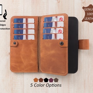 Genuine Leather iPhone Double Wallet Case. iPhone 15, 14, 13, 12, 11, 11 Pro, X, XS, XR, 8, 7, 6 Plus Case, Detachable Magnetic Card Holder