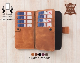 Genuine Leather iPhone Double Wallet Case. iPhone 15, 14, 13, 12, 11, 11 Pro, X, XS, XR, 8, 7, 6 Plus Case, Detachable Magnetic Card Holder