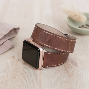 Custom Leather Double Apple Watch Band, Dual Tour Band. Double Wrap Strap. Galaxy, Fitbit Pixel, iWatch  strap 38 40 41 42 44 45 46 49mm