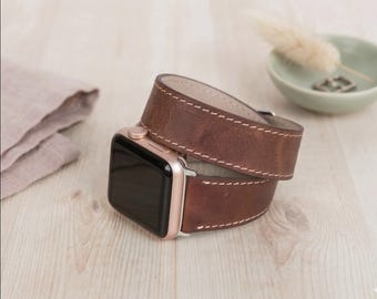 Correa doble de cuero personalizada para Apple Watch, correa de doble vuelta. Correa para Galaxy, Fitbit Pixel y iWatch de 38, 40, 41, 42, 44, 45, 46 y 49 mm.