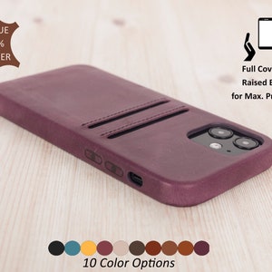 Genuine Leather iPhone Card Holder Case. iPhone 14, 13, 12, 11, X, XS Max, XR, 8, 7 Plus Credit Card Case. Purple iPhone Snap On  Full Cover