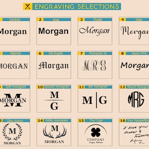 K&ouml;nnte beinhalten: Eine Tabelle mit 16 verschiedenen Gravuroptionen f&uuml;r ein personalisiertes Geschenk. Die Optionen umfassen verschiedene Schriftarten, Monogramme und Designs. Der Text "ENGRAVING SELECTIONS" befindet sich oben in der Tabelle.