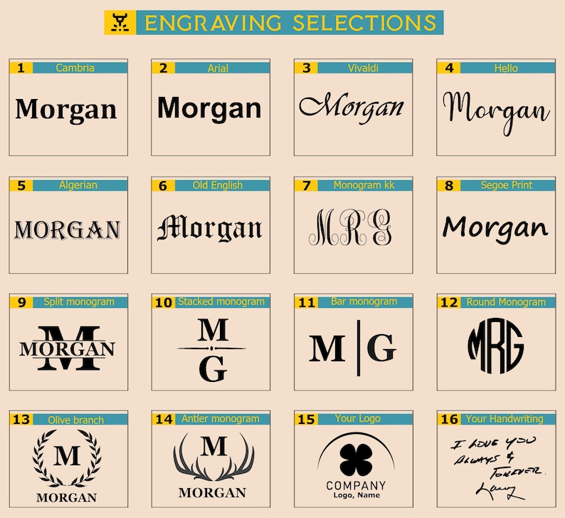 K&ouml;nnte beinhalten: Eine Tabelle mit 16 verschiedenen Gravuroptionen f&uuml;r ein personalisiertes Geschenk. Die Optionen umfassen verschiedene Schriftarten, Monogramme und Designs. Der Text "ENGRAVING SELECTIONS" befindet sich oben in der Tabelle.