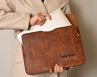 Personalized Leather MacBook Sleeve 13" 14" 16", Custom Laptop Case, Engraved iPad Cover, Gift for Him, Custom Tech Gift, Engraved Cover