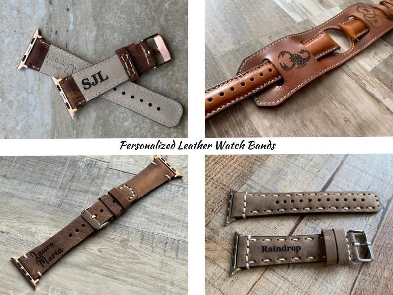 Personalized leather apple, Samsung Galaxy, google pixel watch bands, Color Options: Black, Blue, Brown, Camel, Espresso, Gray, Leopard, Mustard, Purple, Red, Russet,