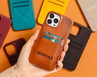 Custom Leather iPhone Card Holder Case iPhone 17, 16, 15, 14, 13, 12, X, 8, 7 Plus Credit Card Slim Case iPhone Wallet Snap On Full Cover