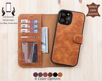 Personalisierte Ledertasche für iPhone 17, 17E, 16, 15, 14, 13, 12, SE, abnehmbarer Magnetverschluss, iPhone Kartenhalter, iPhone Brieftasche