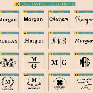 May include: A chart with 16 different engraving options for a personalized gift. The options include various fonts, monograms, and designs. The text on the chart includes "Engraving Selections", "Cambria", "Arial", "Vivaldi", "Hello", "Algerian", "Old English", "Monogram kk", "Segoe Print", "Split monogram", "Stacked monogram", "Bar monogram", "Round Monogram", "Olive branch", "Antler monogram", "Your Logo", and "Your Handwriting".